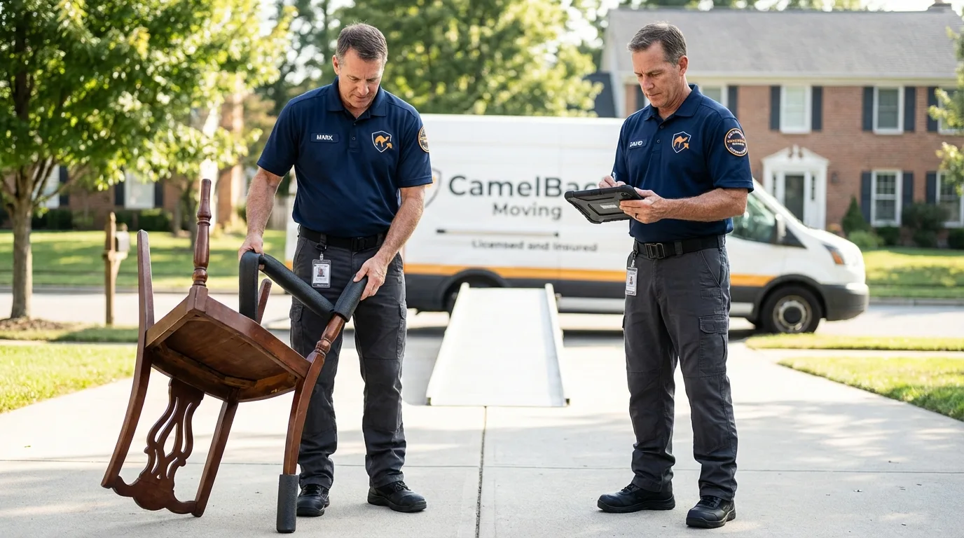 Movers inspecting furniture for damage prevention before loading in Cedar Grove, NJ