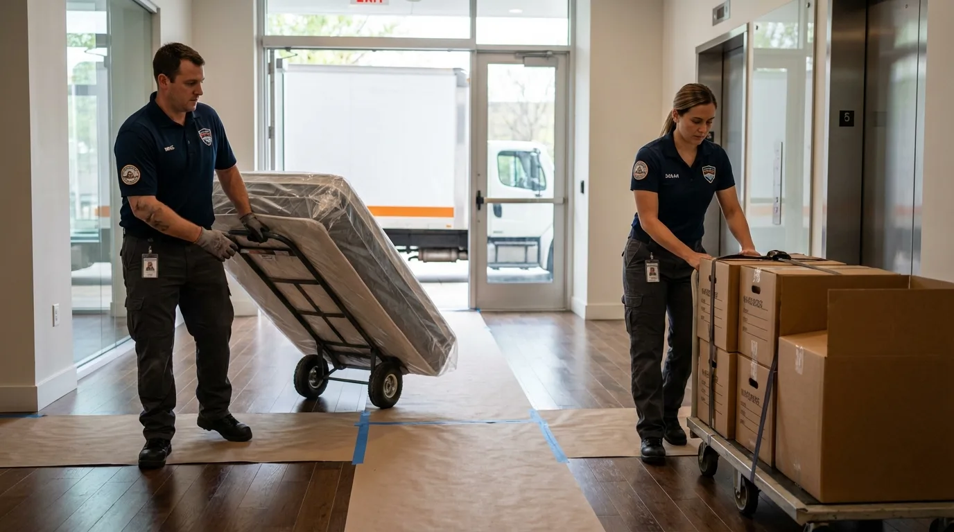 Professional apartment movers loading elevator in Cedar Grove, NJ